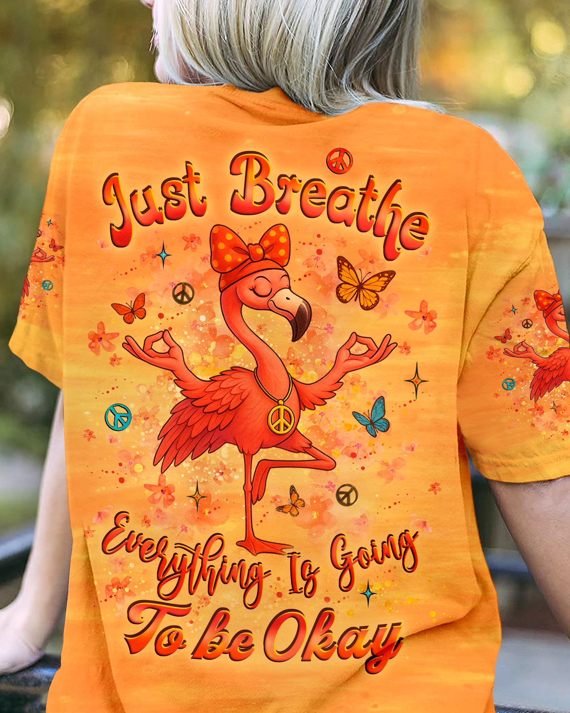 Just Breathe Everything is Going to Be Okay Peaceful Flamingo Bright Orange Design AOP Shirts _3_ yAliu