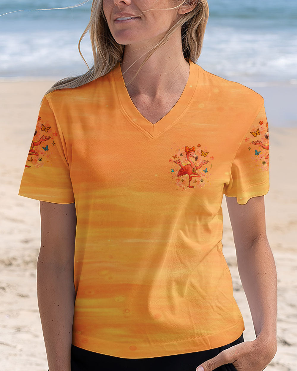 Just Breathe Everything is Going to Be Okay Peaceful Flamingo Bright Orange Design AOP Shirts _4_ t4FxR