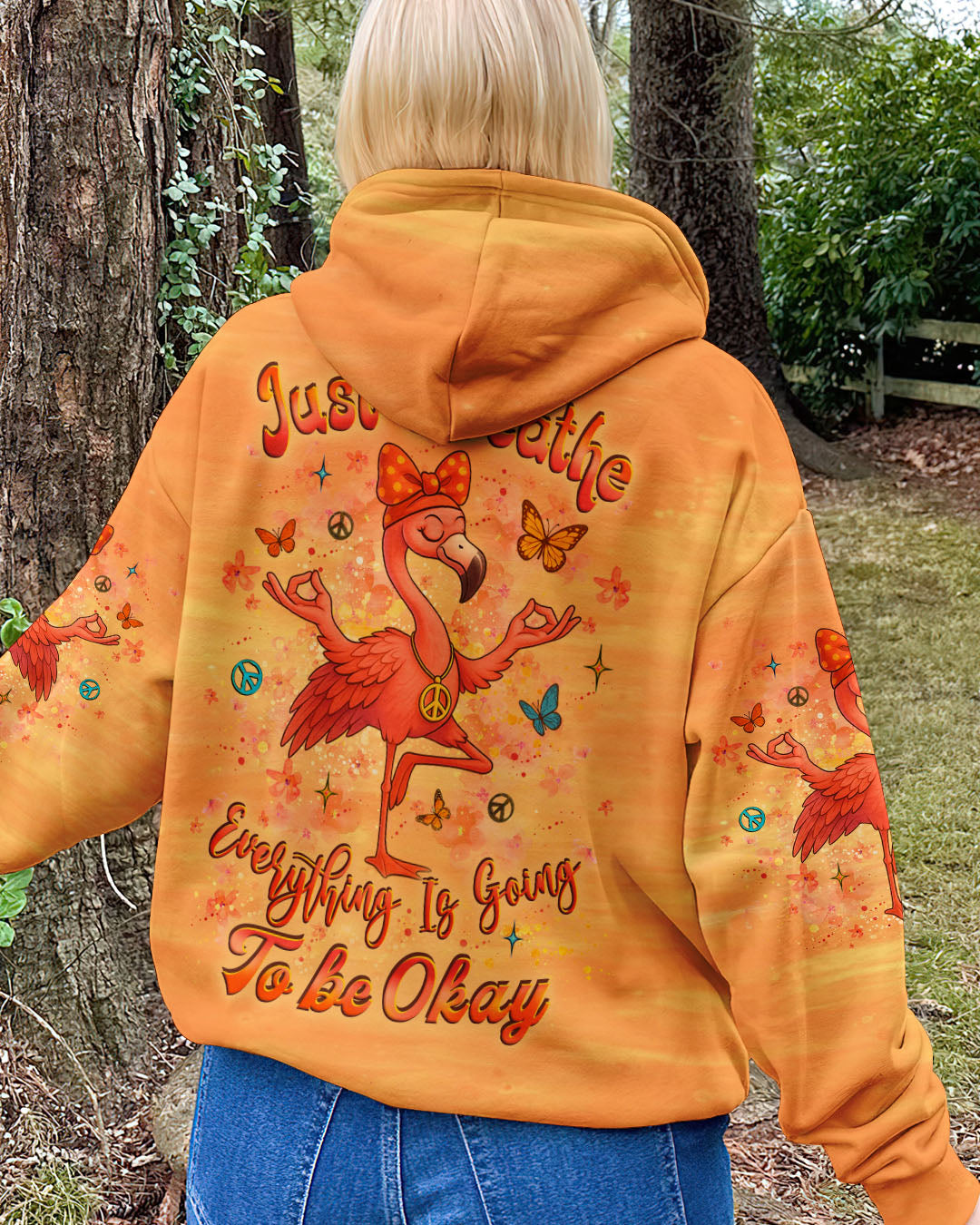 Just Breathe Everything is Going to Be Okay Peaceful Flamingo Bright Orange Design AOP Shirts _7_ SNsHw