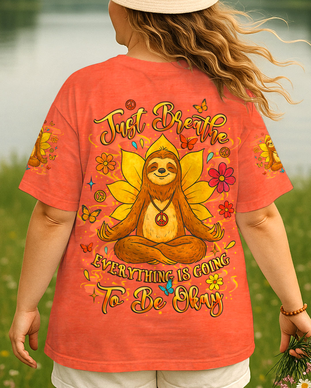 Just Breathe Everything is Going to Be Okay Peaceful Sloth Design with Flowers _26 Butterfly AOP Shirts _1_ Rwf7L