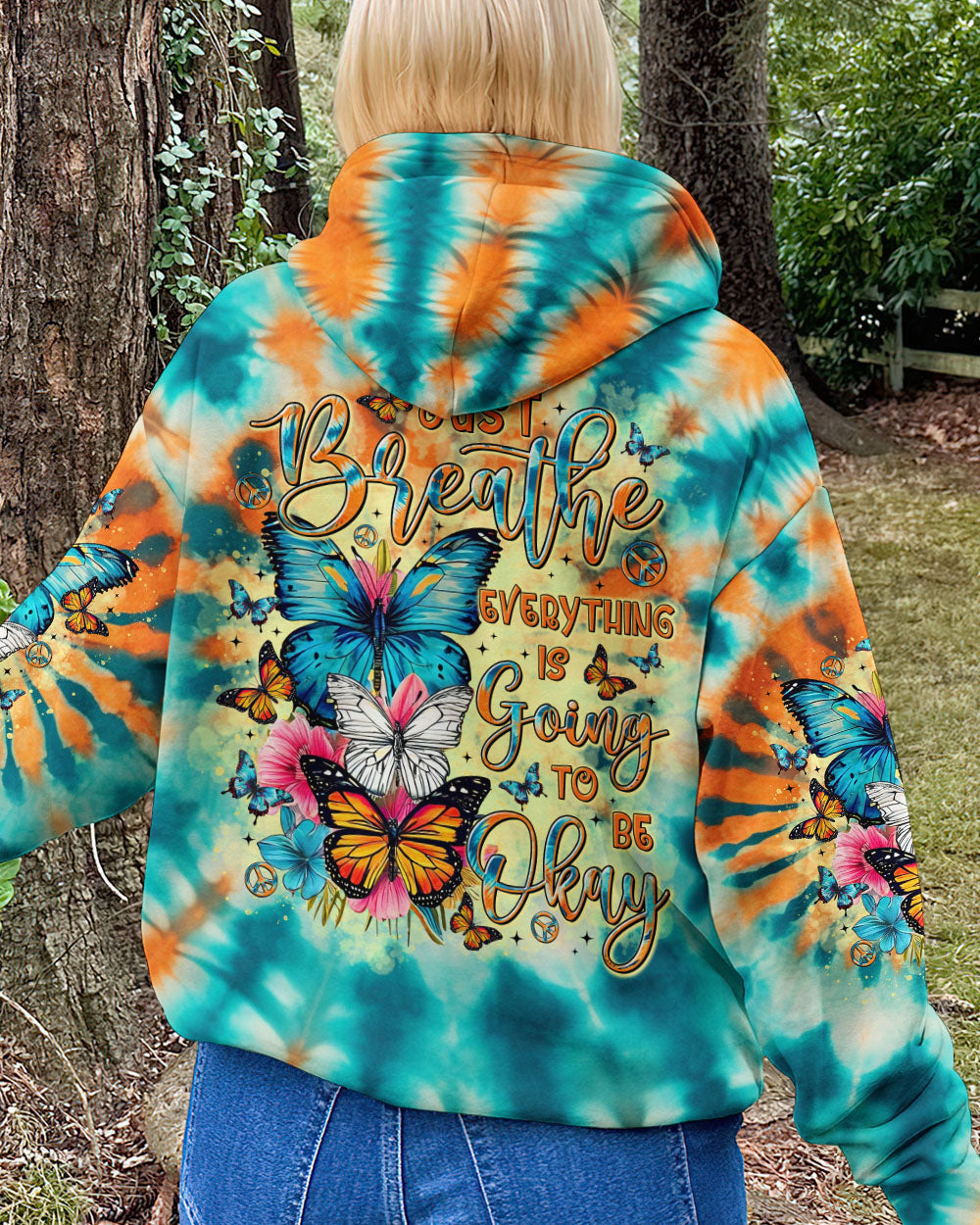 Just Breathe Everything is Going to Be Okay Tie Dye Butterfly Positive AOP Shirts _8_ aaR61