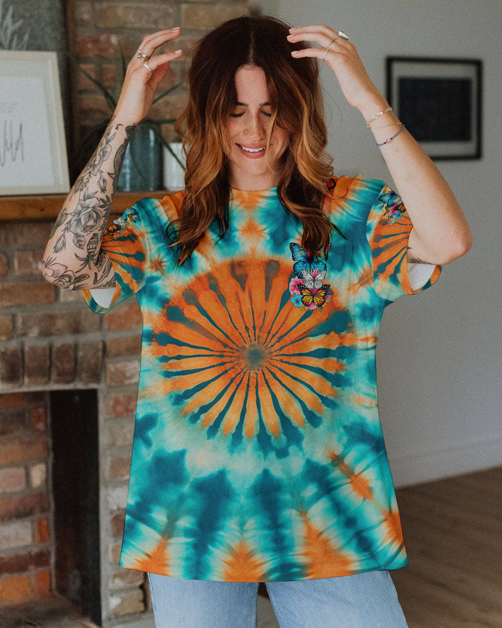 Just Breathe Everything is Going to Be Okay Tie Dye Butterfly Positive AOP Shirts _9_ CqHAs