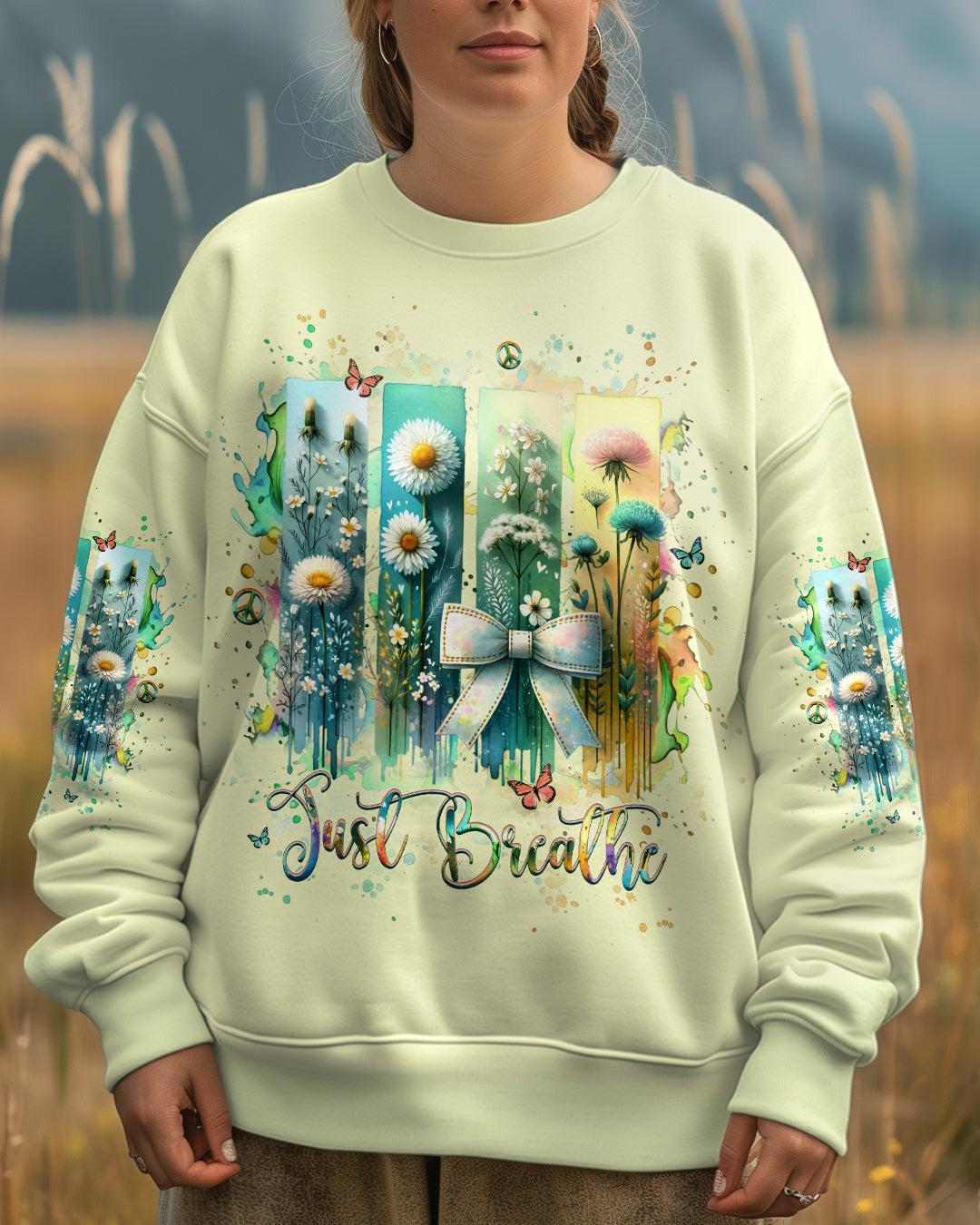 Just Breathe Floral Wildflowers and Bow Inspirational Pullover AOP Shirts _1_ gGgXu