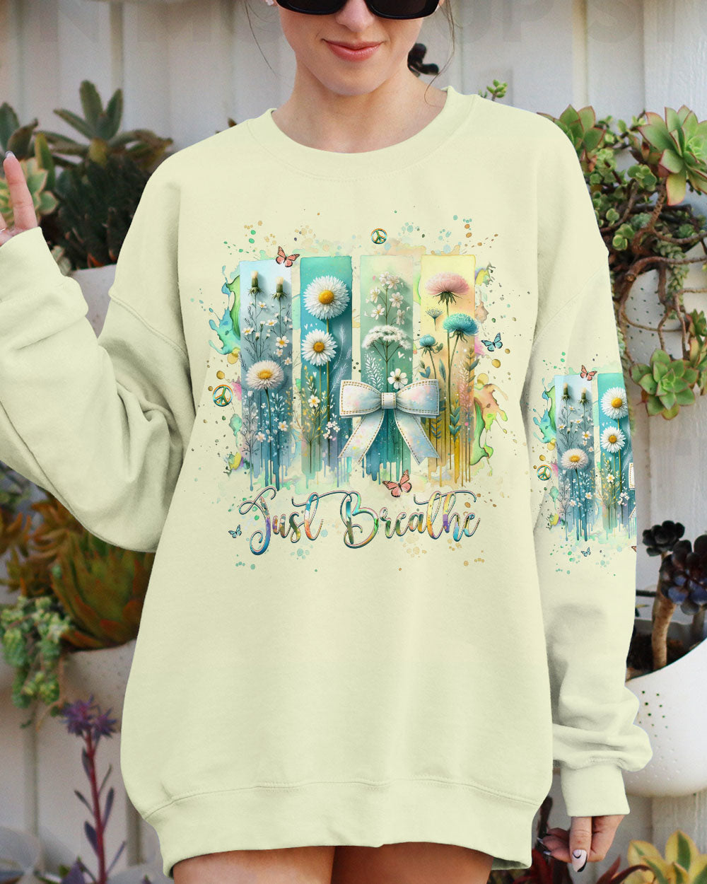 Just Breathe Floral Wildflowers and Bow Inspirational Pullover AOP Shirts _5_ 45Fsw