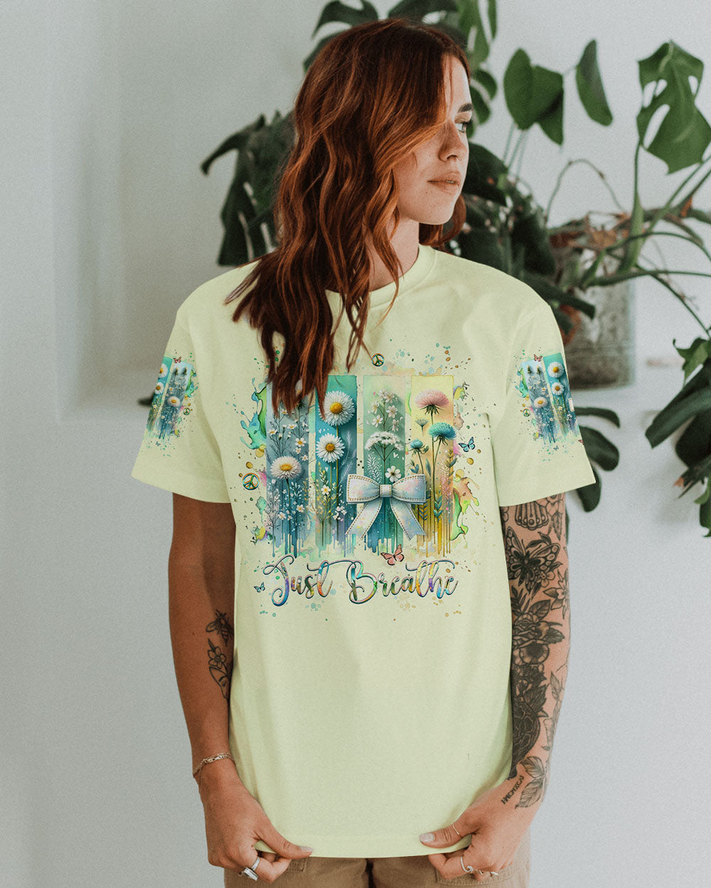 Just Breathe Floral Wildflowers and Bow Inspirational Pullover AOP Shirts _6_ qSTXb