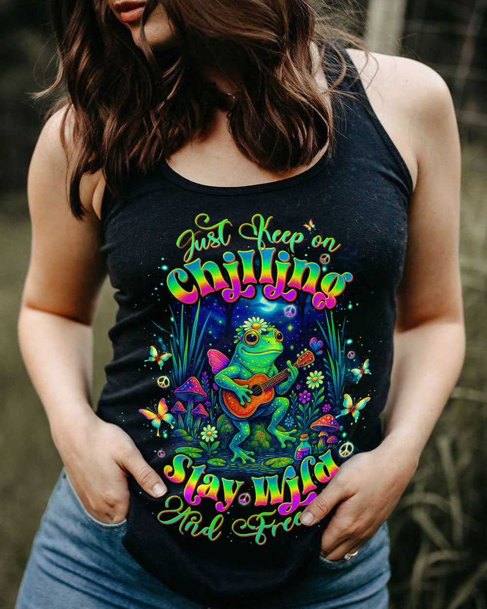 Just Keep On Chilling Stay Wild and Free Peaceful Frog Guitar Graphic Tee AOP Shirts _11_ eeePO