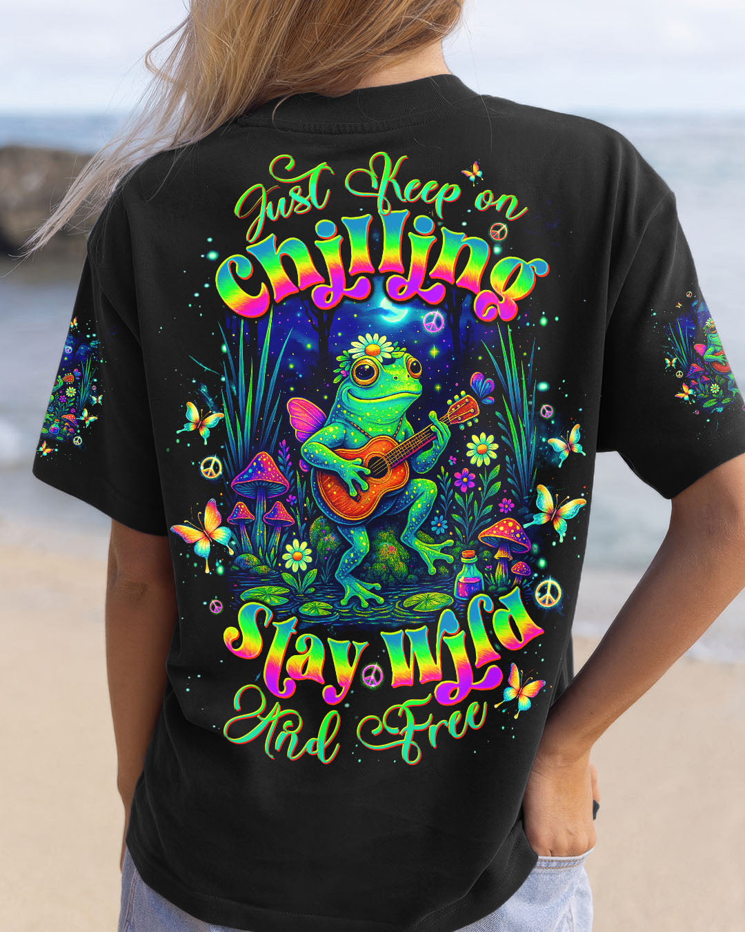 Just Keep On Chilling Stay Wild and Free Peaceful Frog Guitar Graphic Tee AOP Shirts _1_ hEbM1