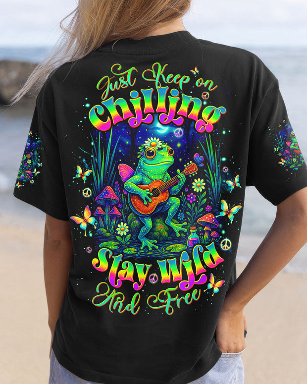 Just Keep On Chilling Stay Wild and Free - Peaceful Frog Guitar Graphic Tee - AOP Shirts
