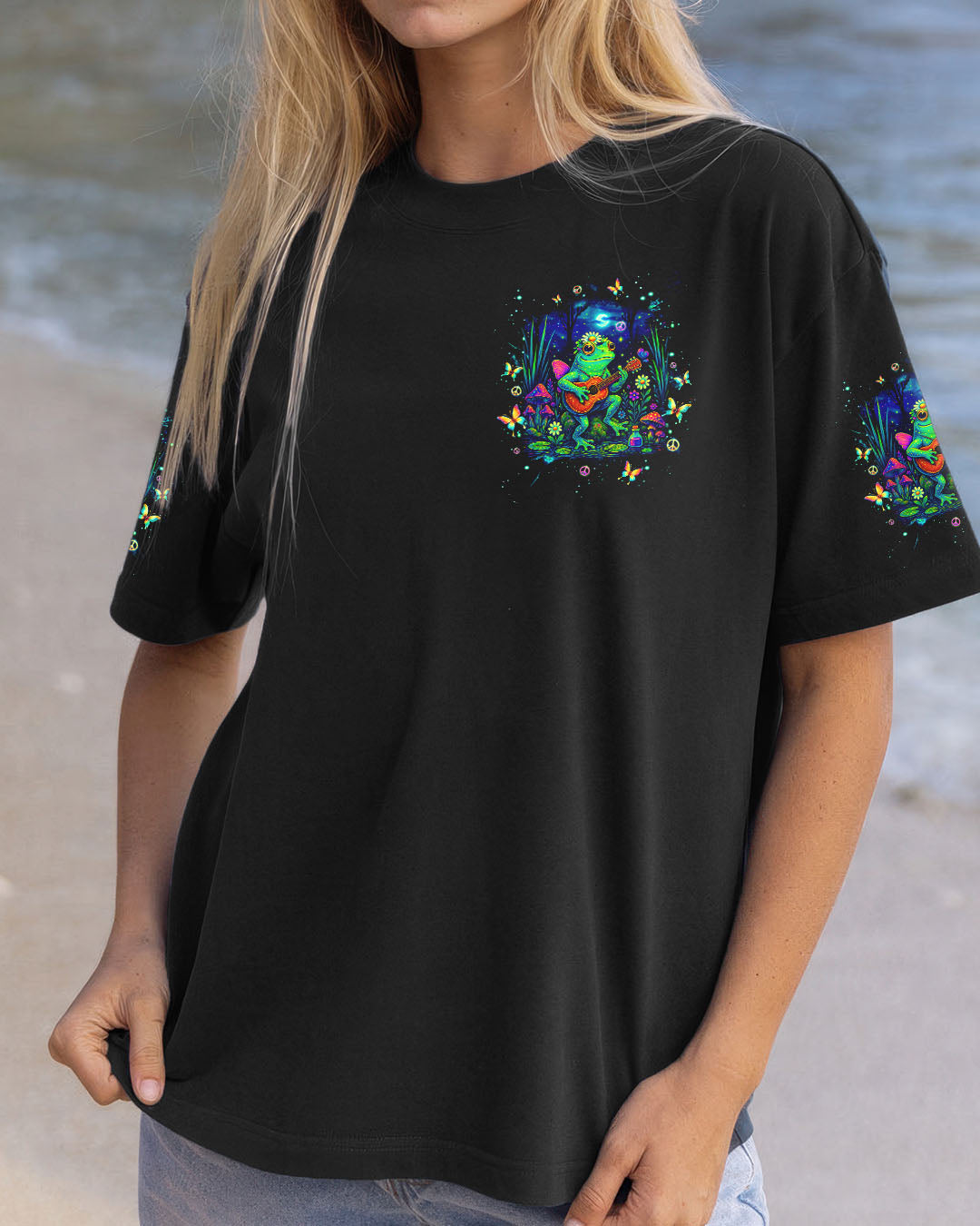 Just Keep On Chilling Stay Wild and Free Peaceful Frog Guitar Graphic Tee AOP Shirts _2_ OHCXP