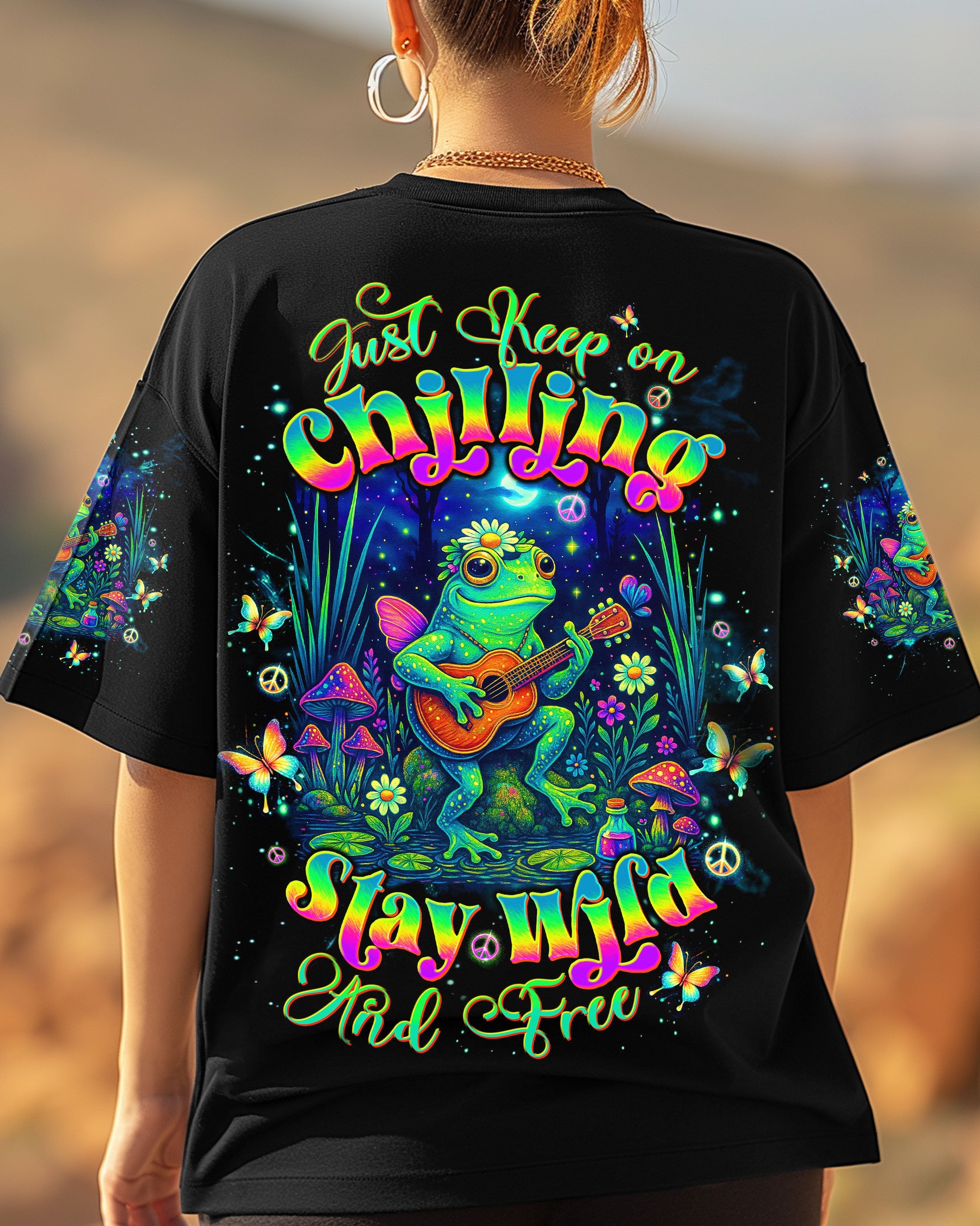 Just Keep On Chilling Stay Wild and Free Peaceful Frog Guitar Graphic Tee AOP Shirts _3_ 3N8sn