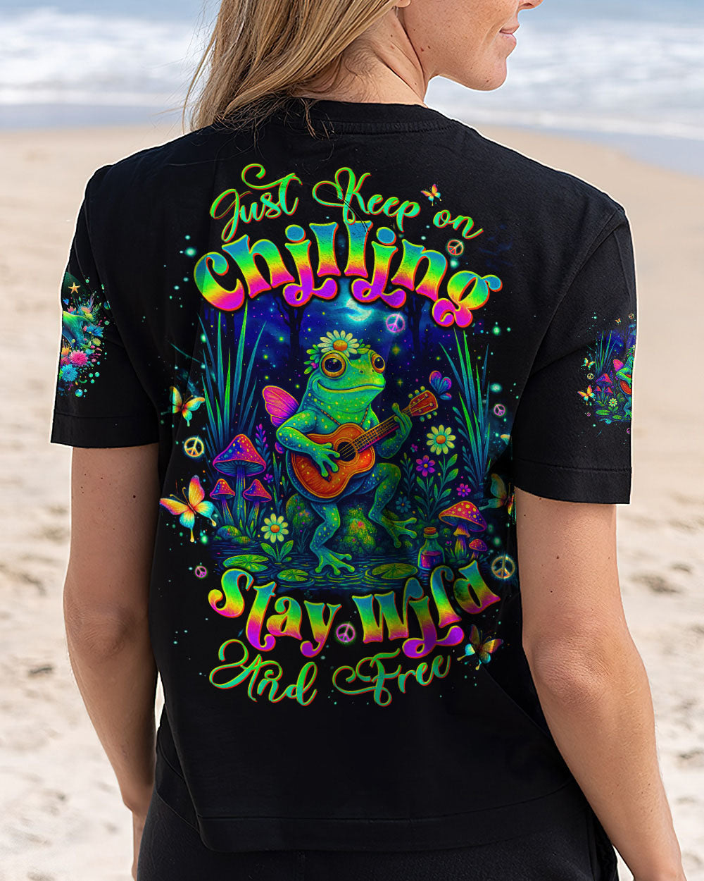 Just Keep On Chilling Stay Wild and Free Peaceful Frog Guitar Graphic Tee AOP Shirts _5_ jhPZh