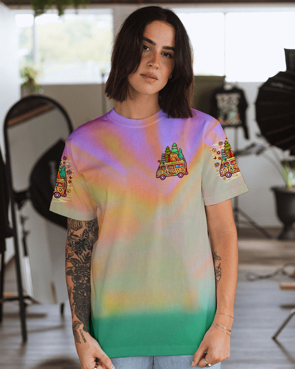 Just Keep on Chilling Stay Wild and Free Camper Van Tie Dye AOP Shirts _13_ FFrvW