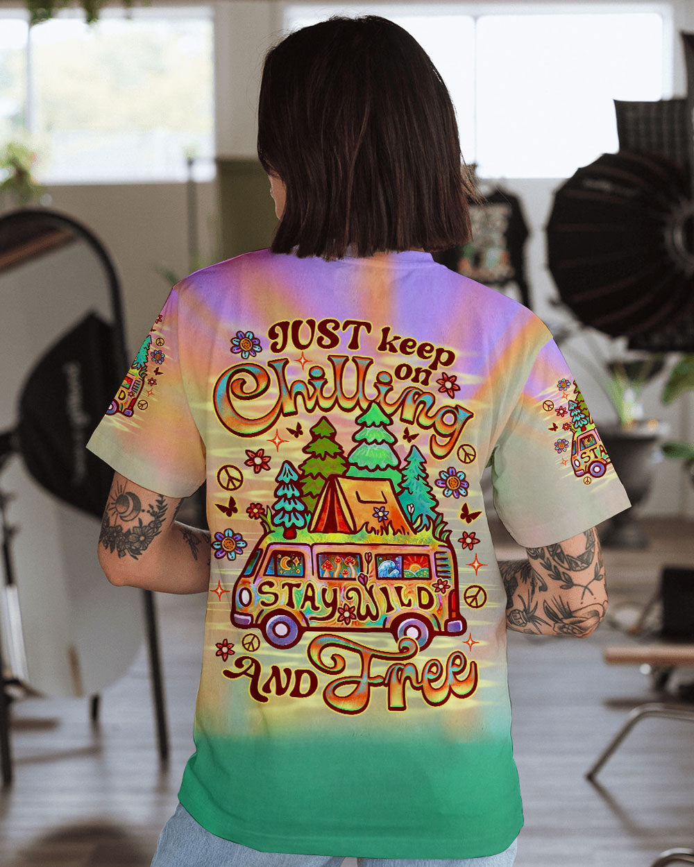Just Keep on Chilling Stay Wild and Free Camper Van Tie Dye AOP Shirts _1_ HiuAS