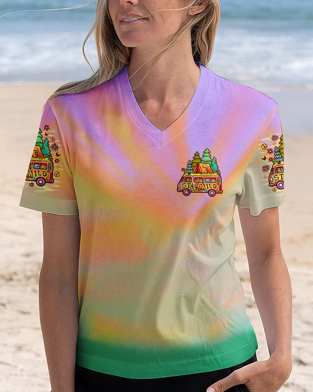 Just Keep on Chilling Stay Wild and Free Camper Van Tie Dye AOP Shirts _2_ 7gaSx