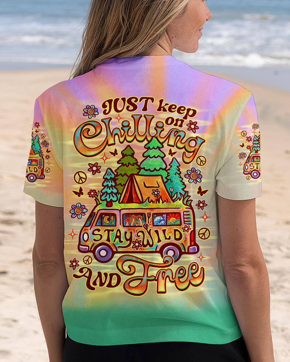 Just Keep on Chilling Stay Wild and Free Camper Van Tie Dye AOP Shirts _3_ 0CzRr