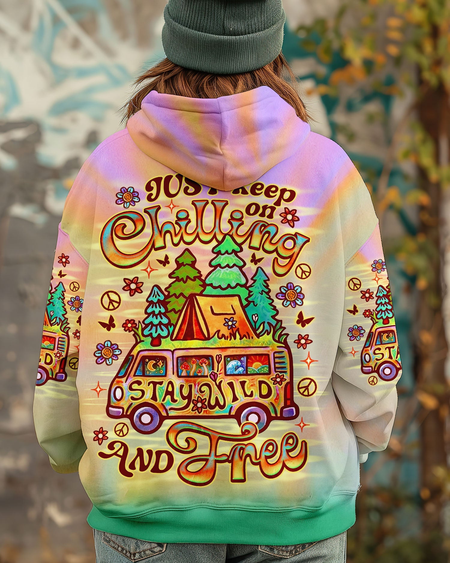 Just Keep on Chilling Stay Wild and Free Camper Van Tie Dye AOP Shirts _5_ 5vNHM