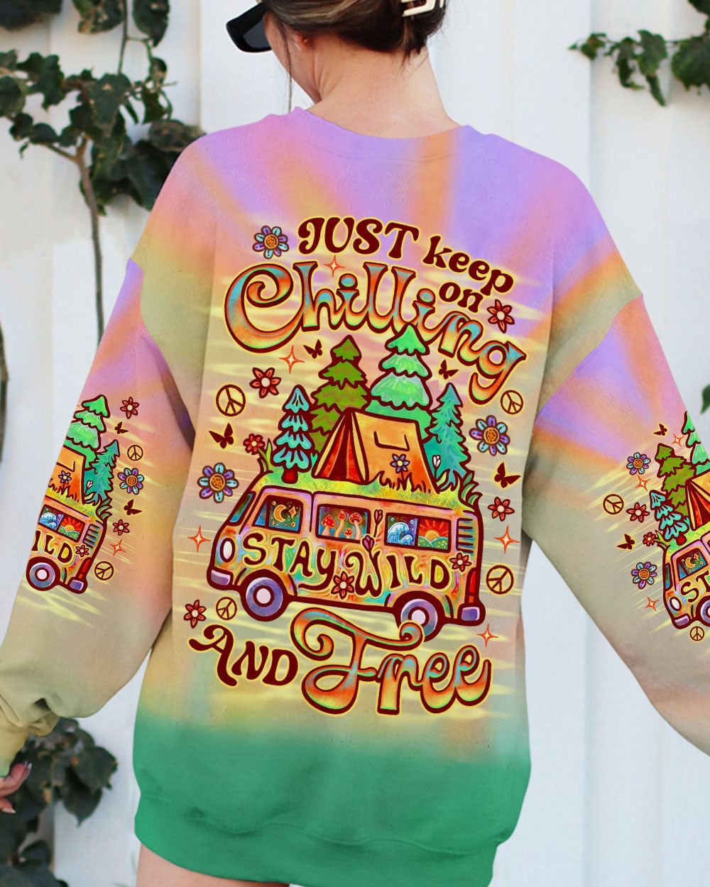 Just Keep on Chilling Stay Wild and Free Camper Van Tie Dye AOP Shirts _7_ syd2C