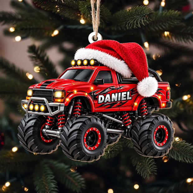 Red Monster Truck - Personalized Wood Ornament - Christmas Gift For Family