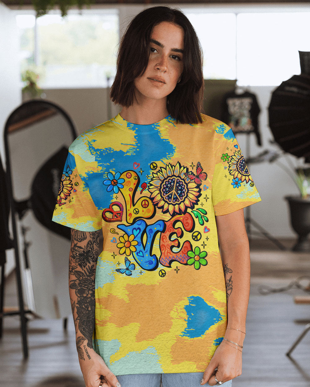 LOVE Peace Graphic Vibrant Tie Dye with Flowers and Colorful Design for Women AOP Shirts _1_ 4HIqJ