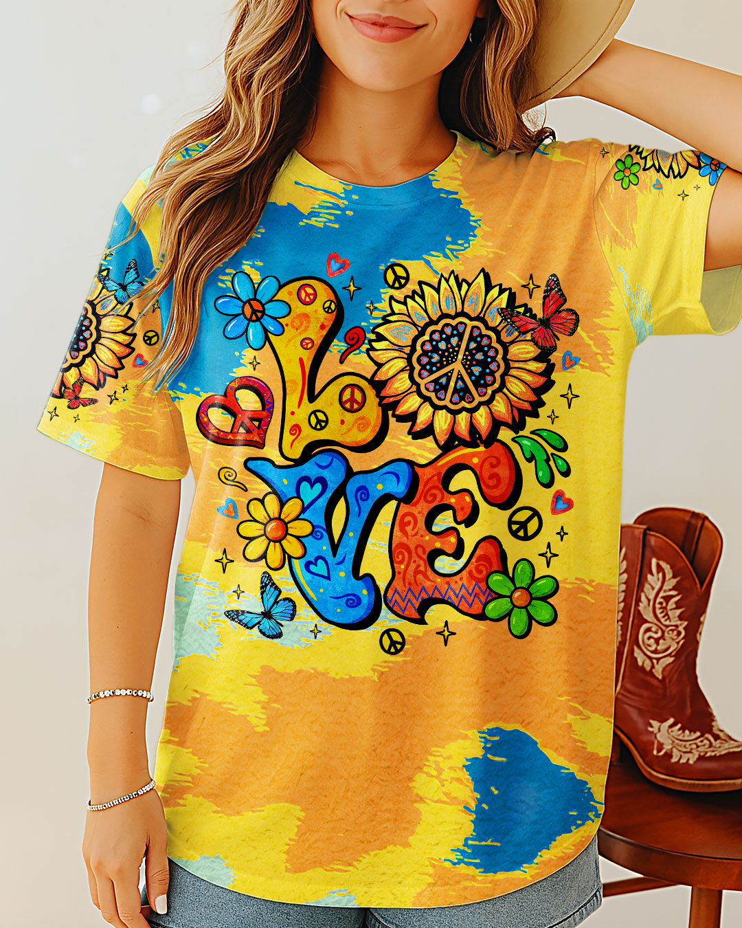 LOVE Peace Graphic Vibrant Tie Dye with Flowers and Colorful Design for Women AOP Shirts _2_ w3Wbn