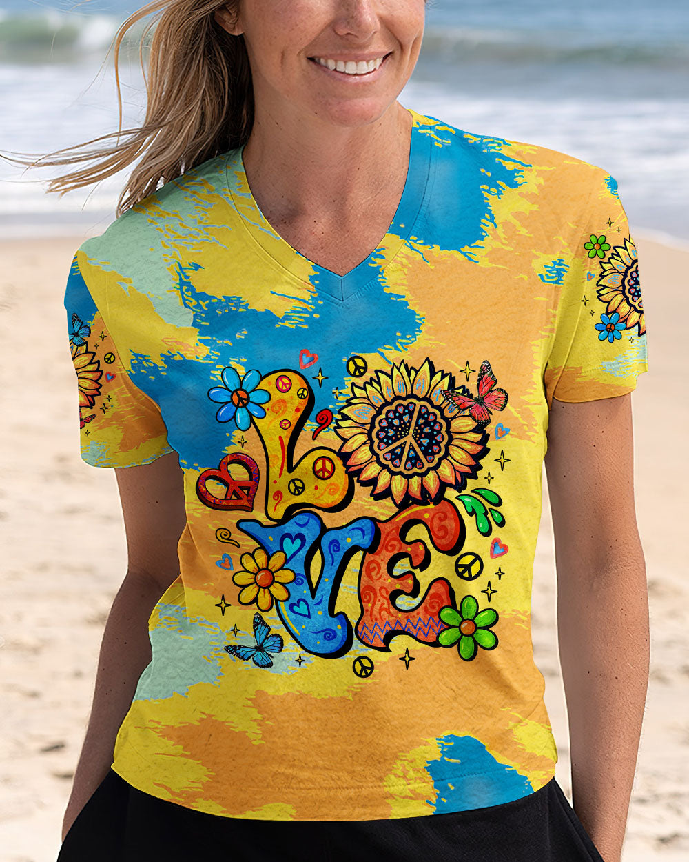 LOVE Peace Graphic Vibrant Tie Dye with Flowers and Colorful Design for Women AOP Shirts _3_ UbD1O
