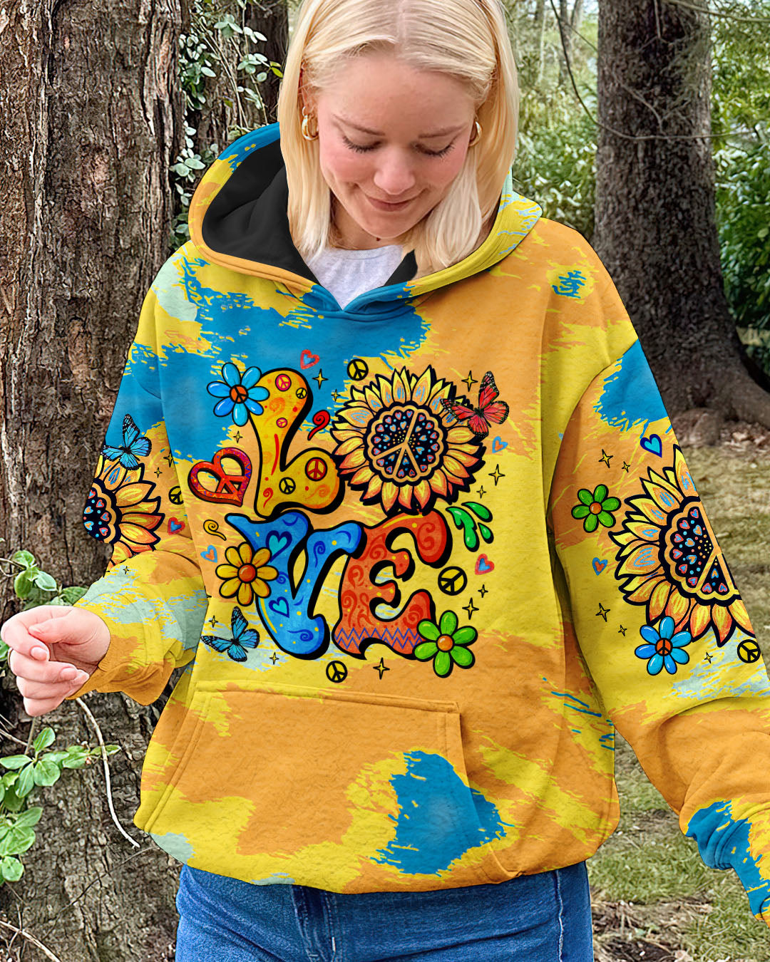 LOVE Peace Graphic Vibrant Tie Dye with Flowers and Colorful Design for Women AOP Shirts _4_ 3bq3X