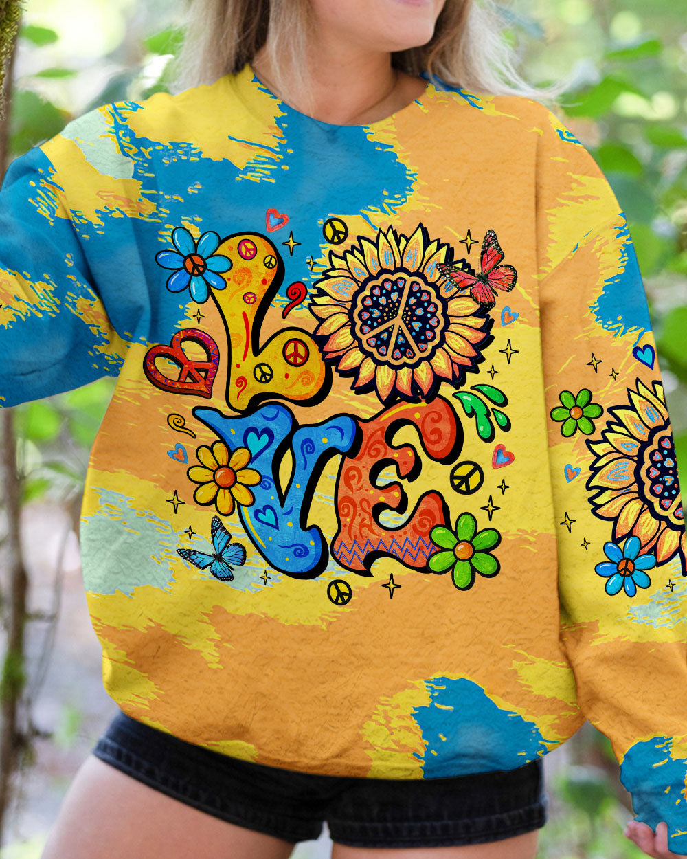 LOVE Peace Graphic Vibrant Tie Dye with Flowers and Colorful Design for Women AOP Shirts _5_ dYjvD
