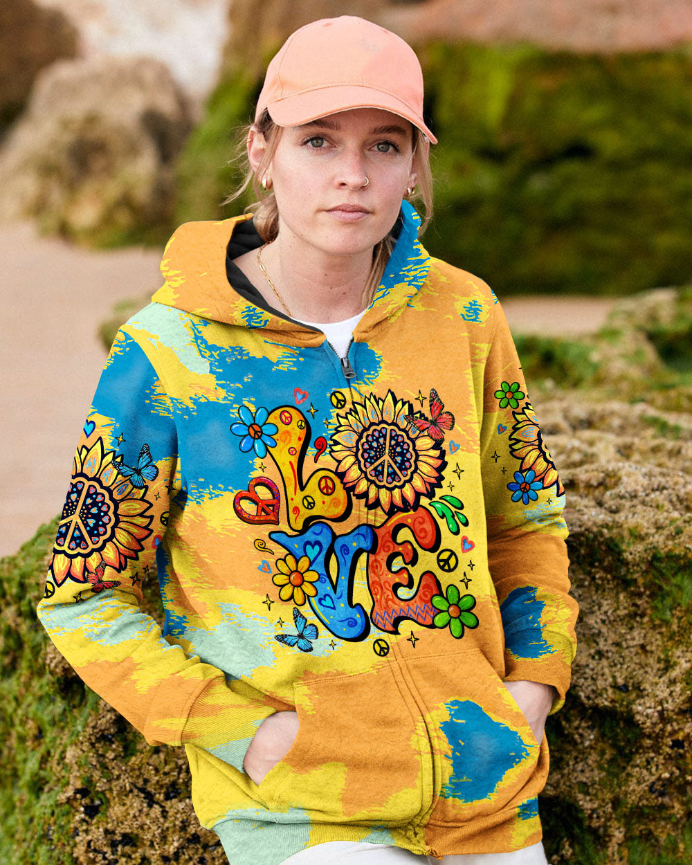 LOVE Peace Graphic Vibrant Tie Dye with Flowers and Colorful Design for Women AOP Shirts _6_ 7ZEra