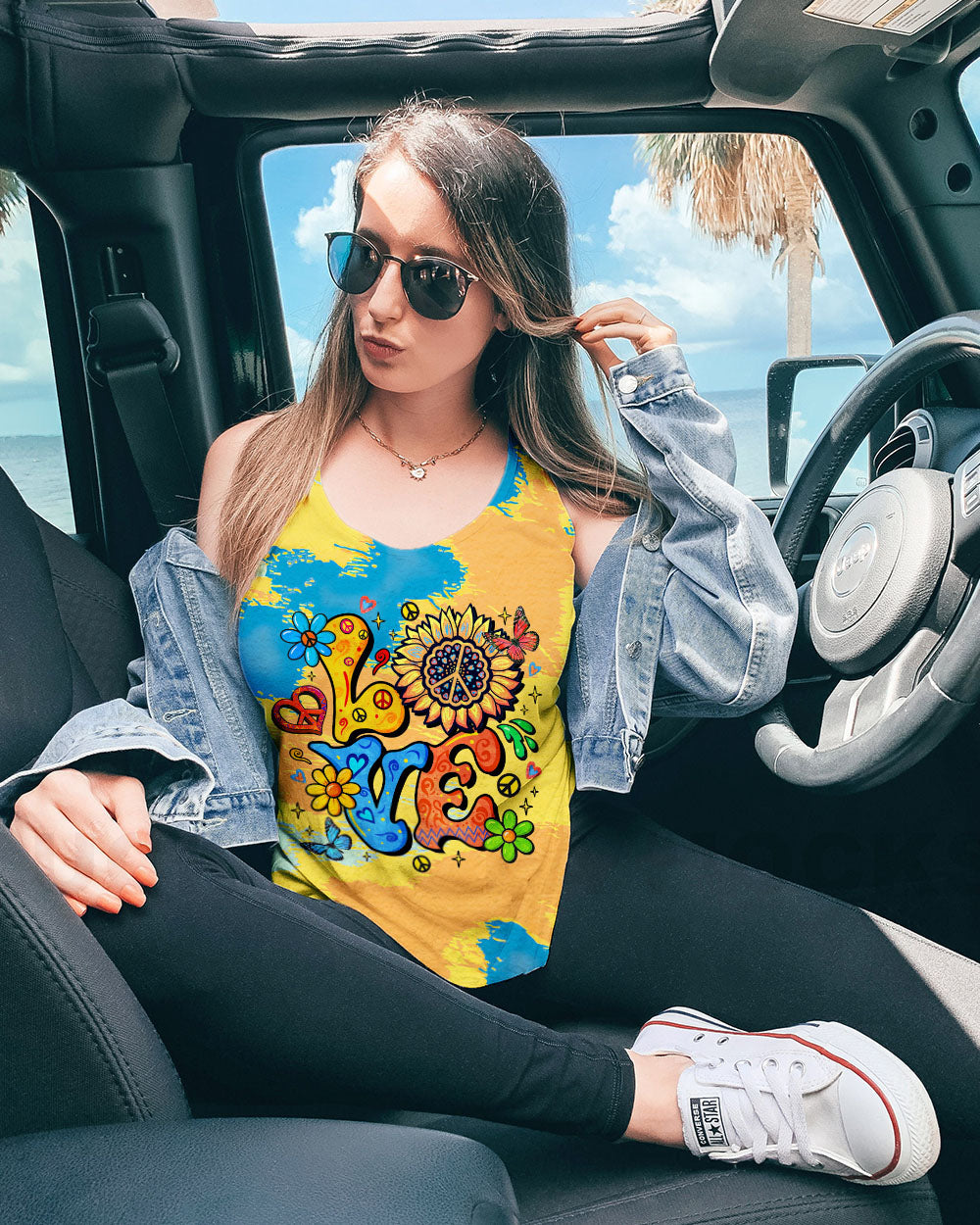 LOVE Peace Graphic Vibrant Tie Dye with Flowers and Colorful Design for Women AOP Shirts _7_ E3Agh