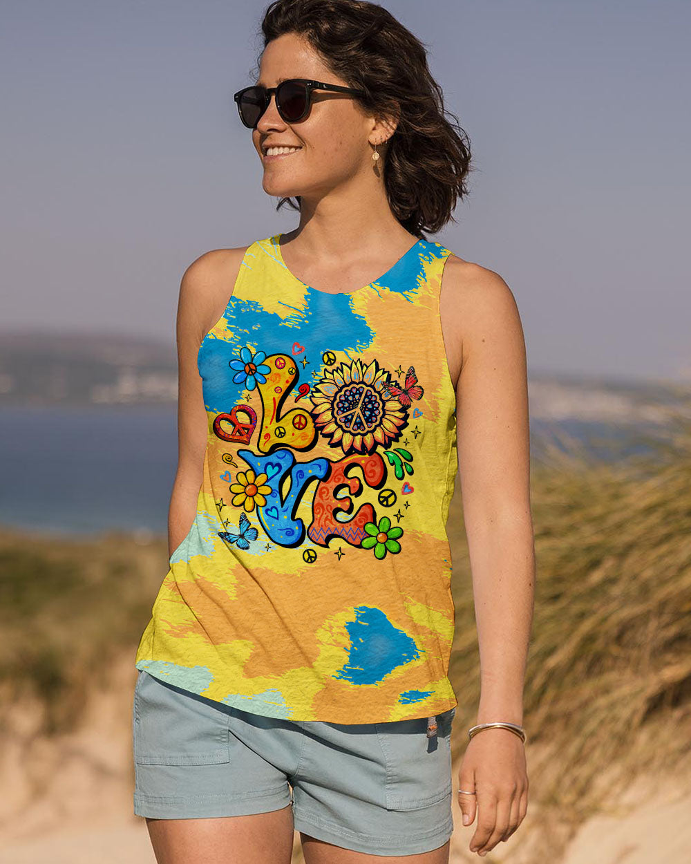 LOVE Peace Graphic Vibrant Tie Dye with Flowers and Colorful Design for Women AOP Shirts _8_ k8RnV