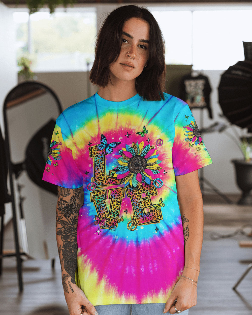 LOVE Tie Dye Colorful Graphic Tee with Sunflowers _26 Peace Symbols for Women AOP Shirts _1_ Yl8Up