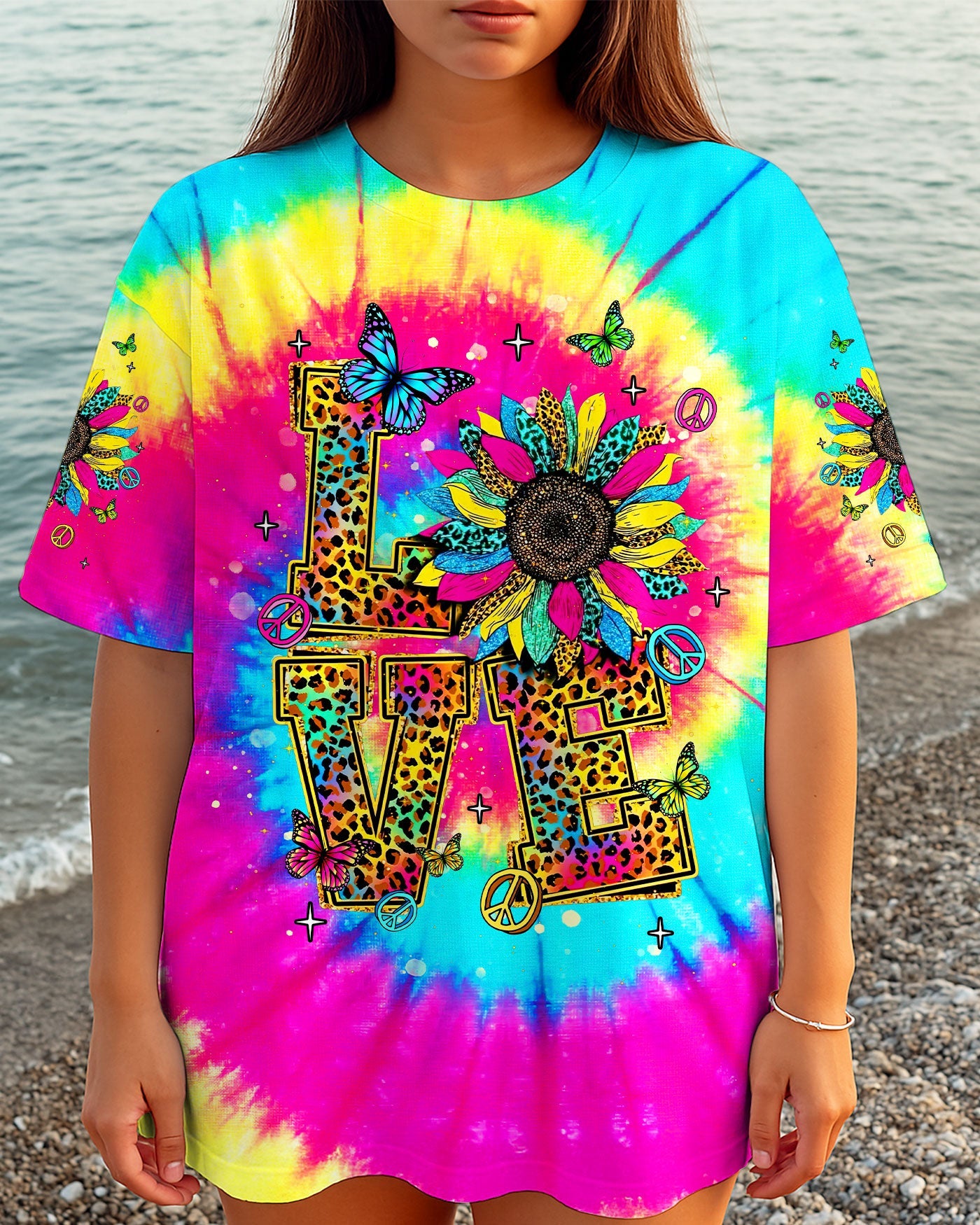 LOVE Tie Dye Colorful Graphic Tee with Sunflowers _26 Peace Symbols for Women AOP Shirts _2_ 61WXM