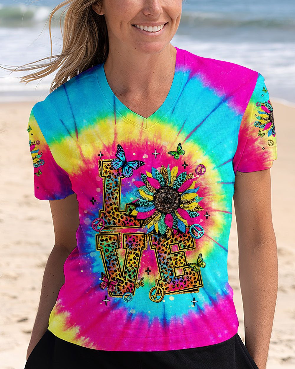 LOVE Tie Dye Colorful Graphic Tee with Sunflowers _26 Peace Symbols for Women AOP Shirts _3_ cCMof