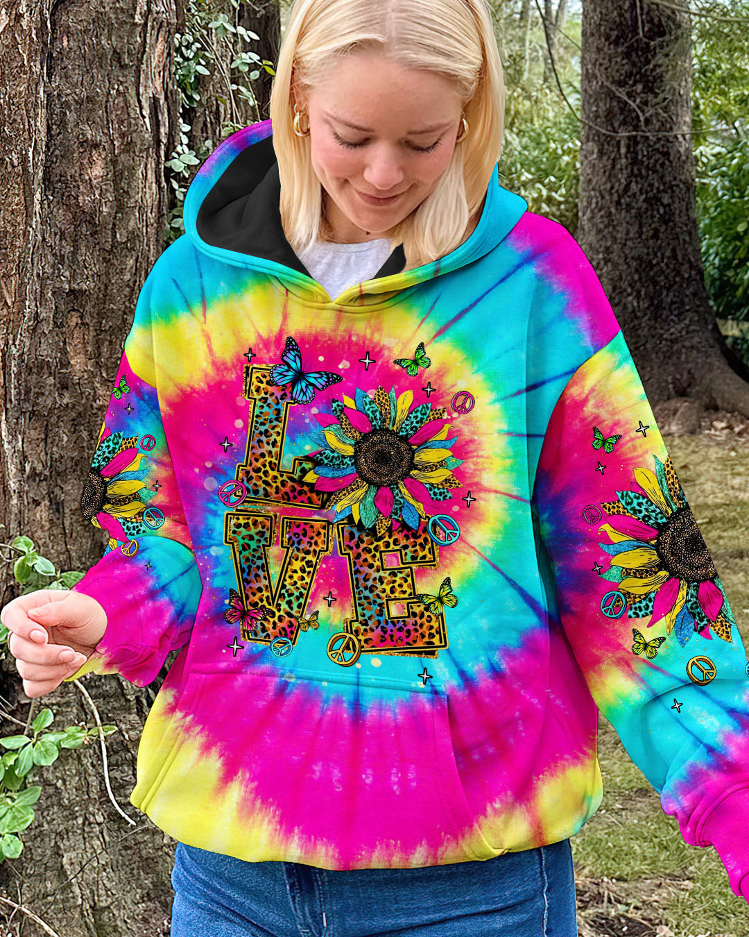LOVE Tie Dye Colorful Graphic Tee with Sunflowers _26 Peace Symbols for Women AOP Shirts _4_ 0ZRRX