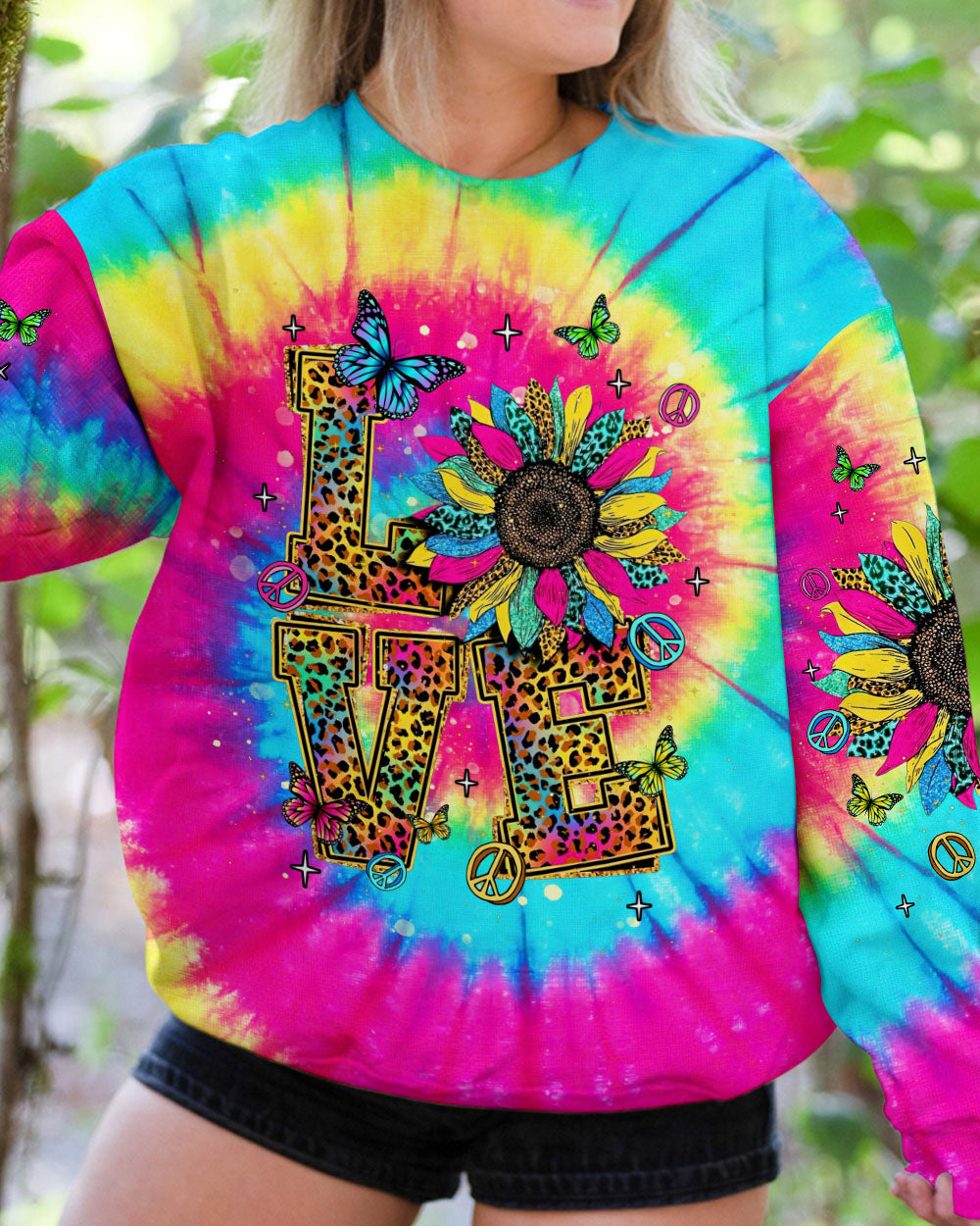 LOVE Tie Dye Colorful Graphic Tee with Sunflowers _26 Peace Symbols for Women AOP Shirts _5_ Kdu92