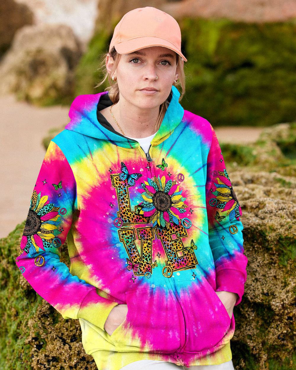 LOVE Tie Dye Colorful Graphic Tee with Sunflowers _26 Peace Symbols for Women AOP Shirts _6_ YJfhw