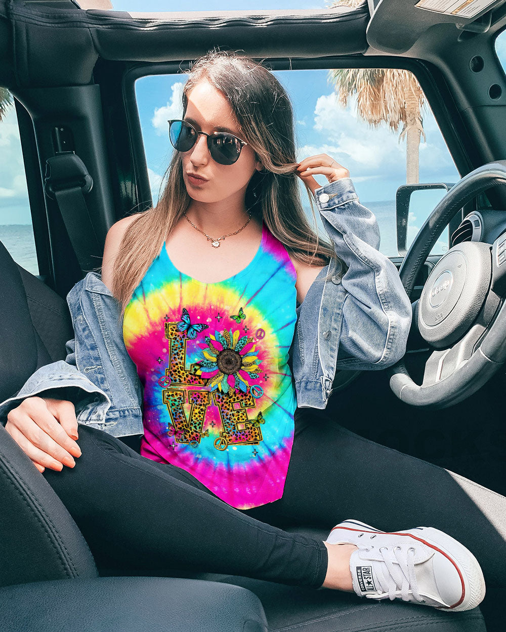 LOVE Tie Dye Colorful Graphic Tee with Sunflowers _26 Peace Symbols for Women AOP Shirts _7_ imw7g