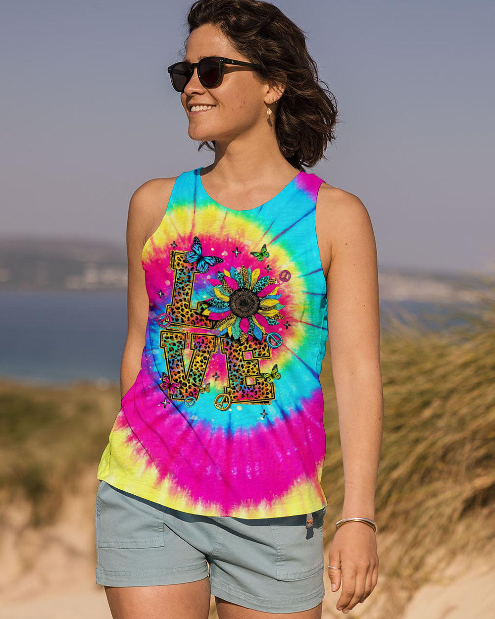 LOVE Tie Dye Colorful Graphic Tee with Sunflowers _26 Peace Symbols for Women AOP Shirts _8_ 5SjD3