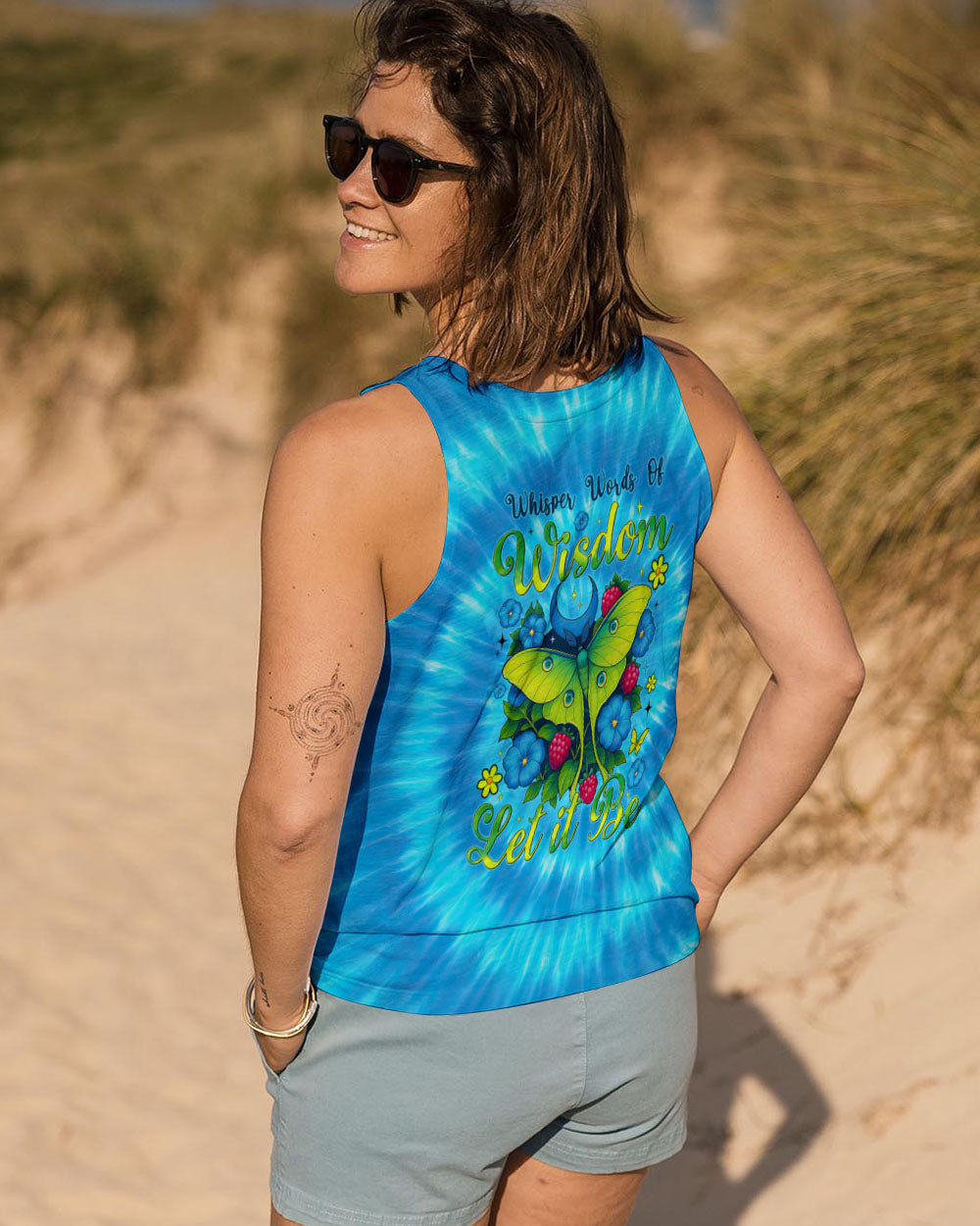 Let It Be Whisper Words of Wisdom Luna Moth Tie Dye Design for Women AOP Shirts _14_ eHEX5
