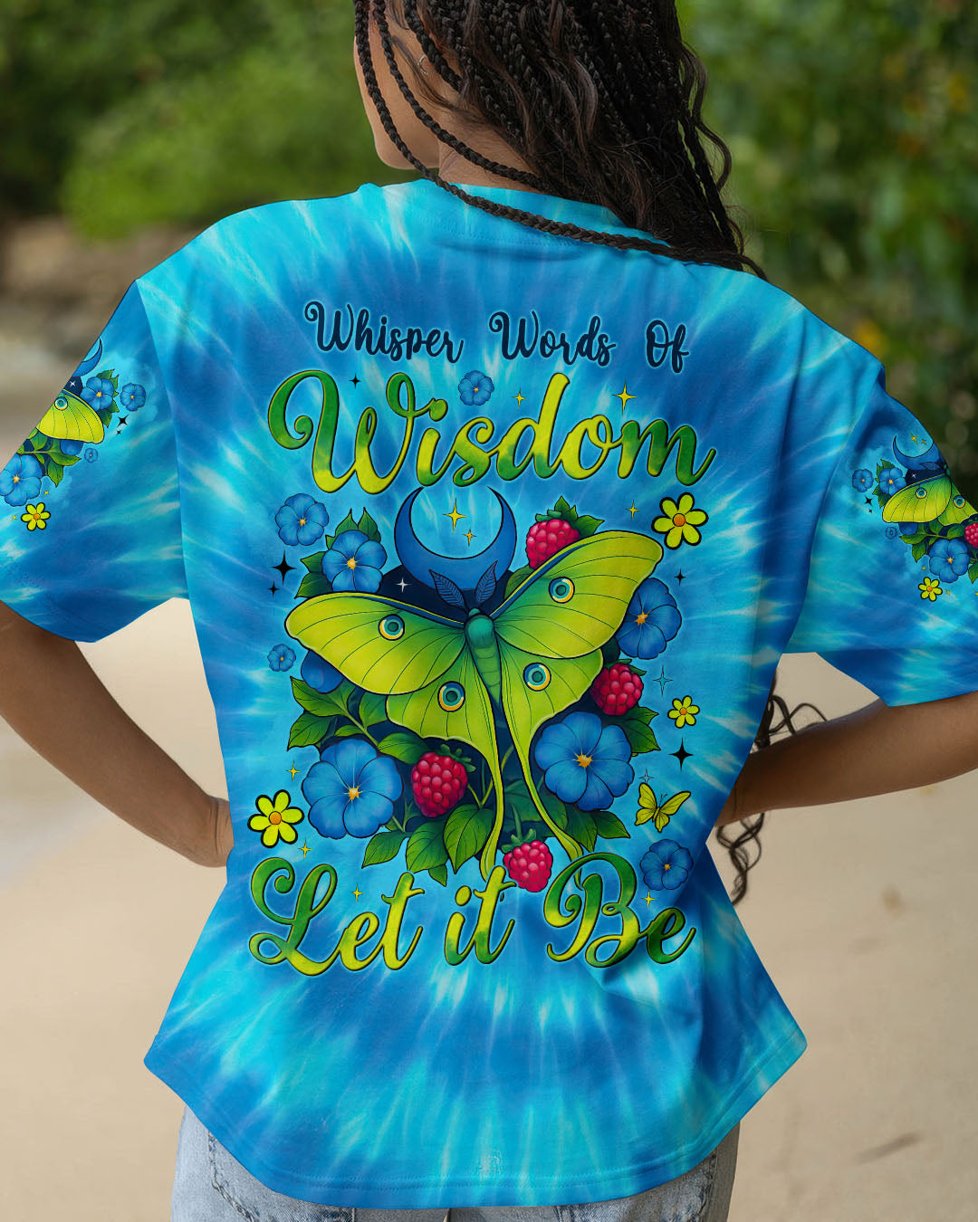 Let It Be Whisper Words of Wisdom Luna Moth Tie Dye Design for Women AOP Shirts _1_ 21ebX