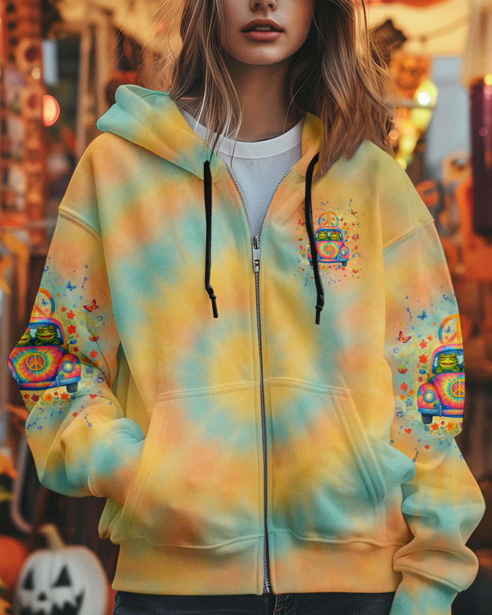 Let the Good Vibes Roll Frog VW Bus Peaceful Tie Dye Graphic Tee for Women AOP Shirts _10_ gpjXl