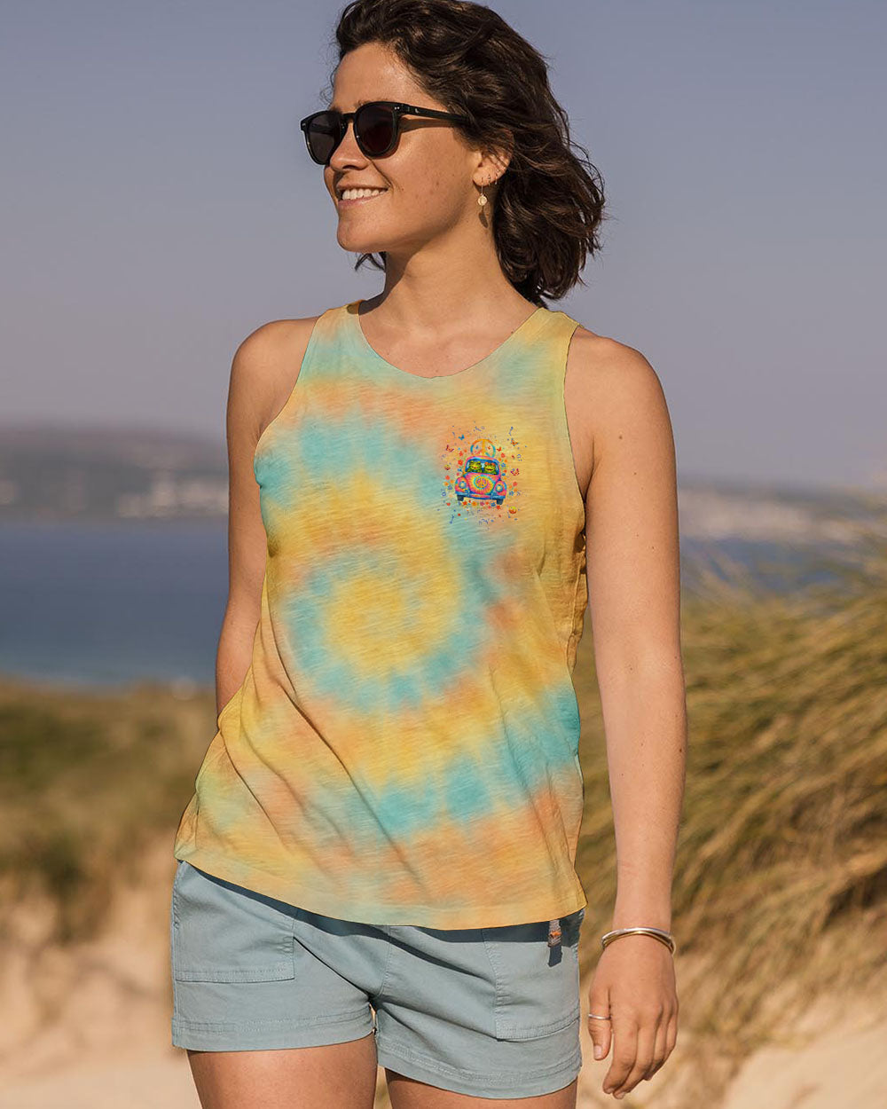 Let the Good Vibes Roll Frog VW Bus Peaceful Tie Dye Graphic Tee for Women AOP Shirts _12_ s7h3p