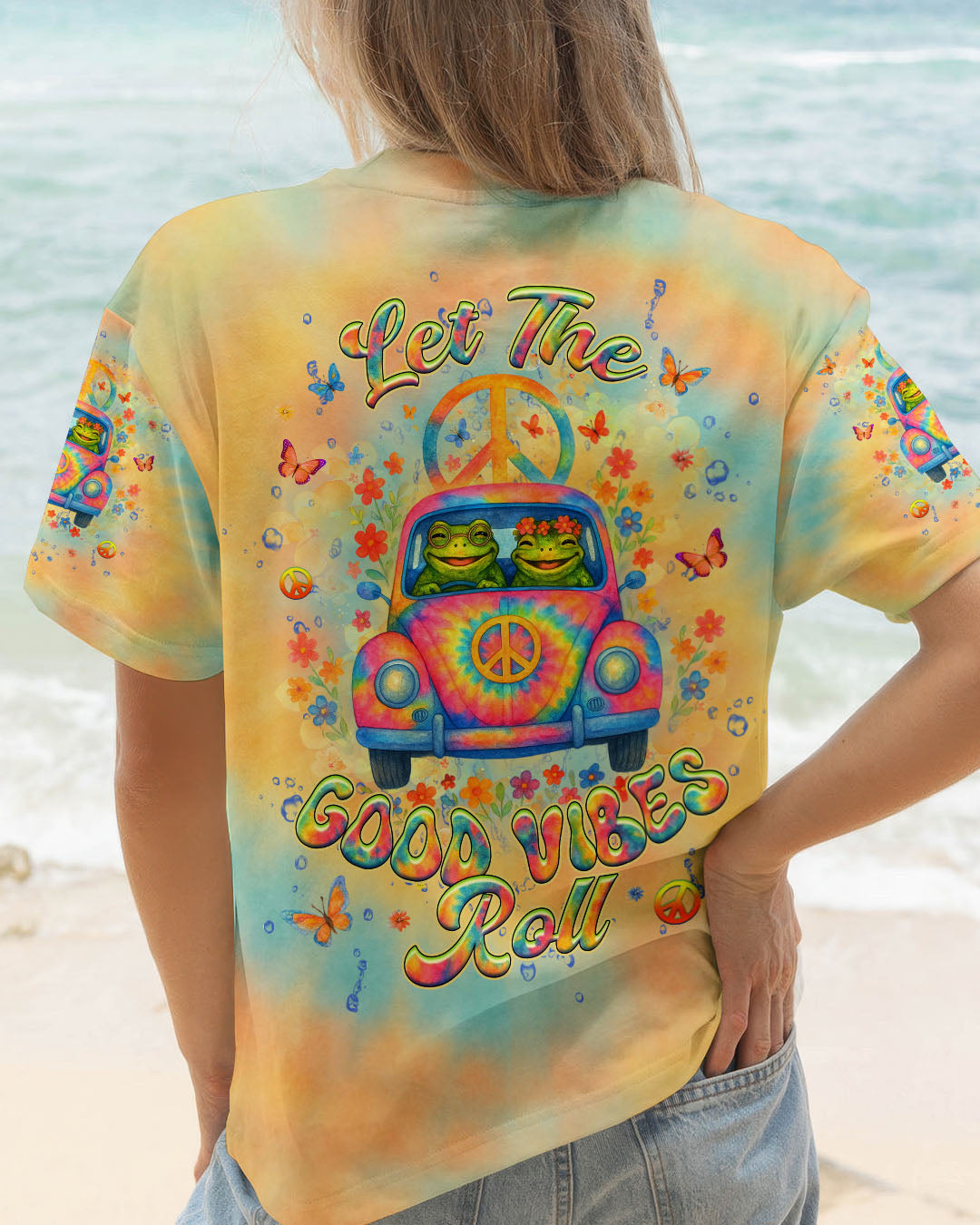 Let the Good Vibes Roll Frog VW Bus Peaceful Tie Dye Graphic Tee for Women AOP Shirts _1_ Y2S7l