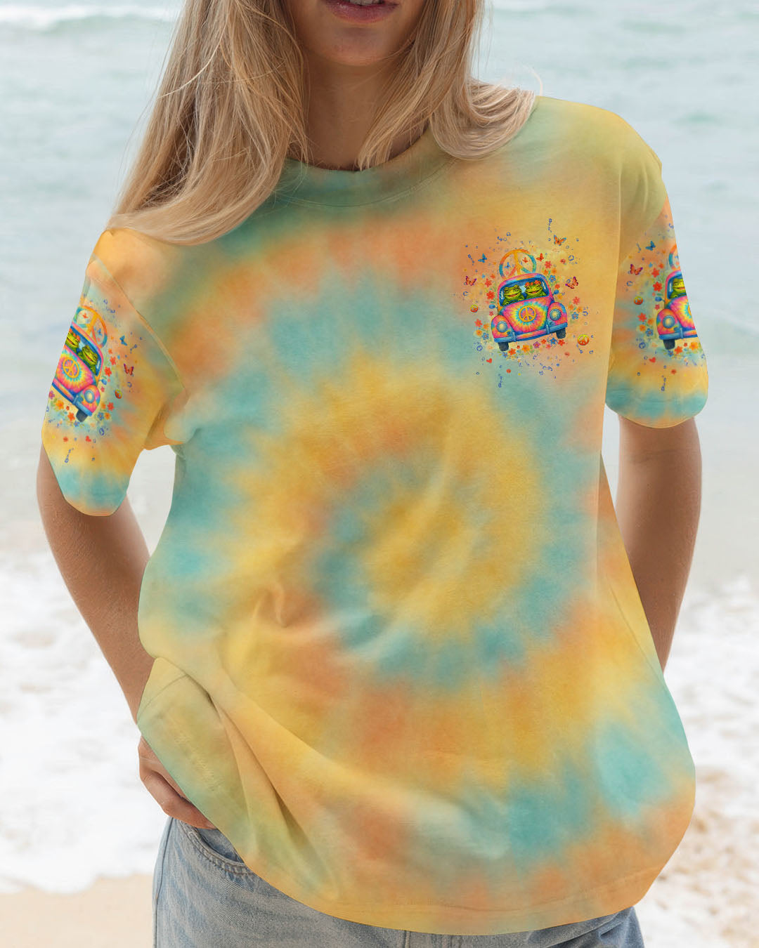 Let the Good Vibes Roll Frog VW Bus Peaceful Tie Dye Graphic Tee for Women AOP Shirts _2_ oLyJF