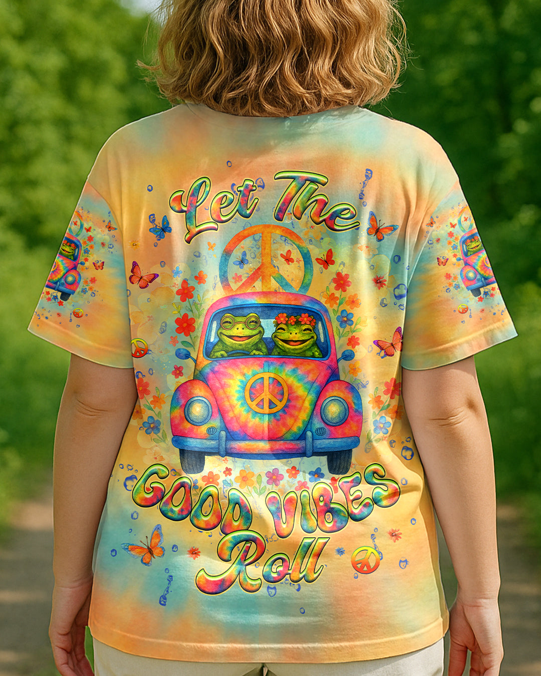 Let the Good Vibes Roll Frog VW Bus Peaceful Tie Dye Graphic Tee for Women AOP Shirts _3_ x7hwR