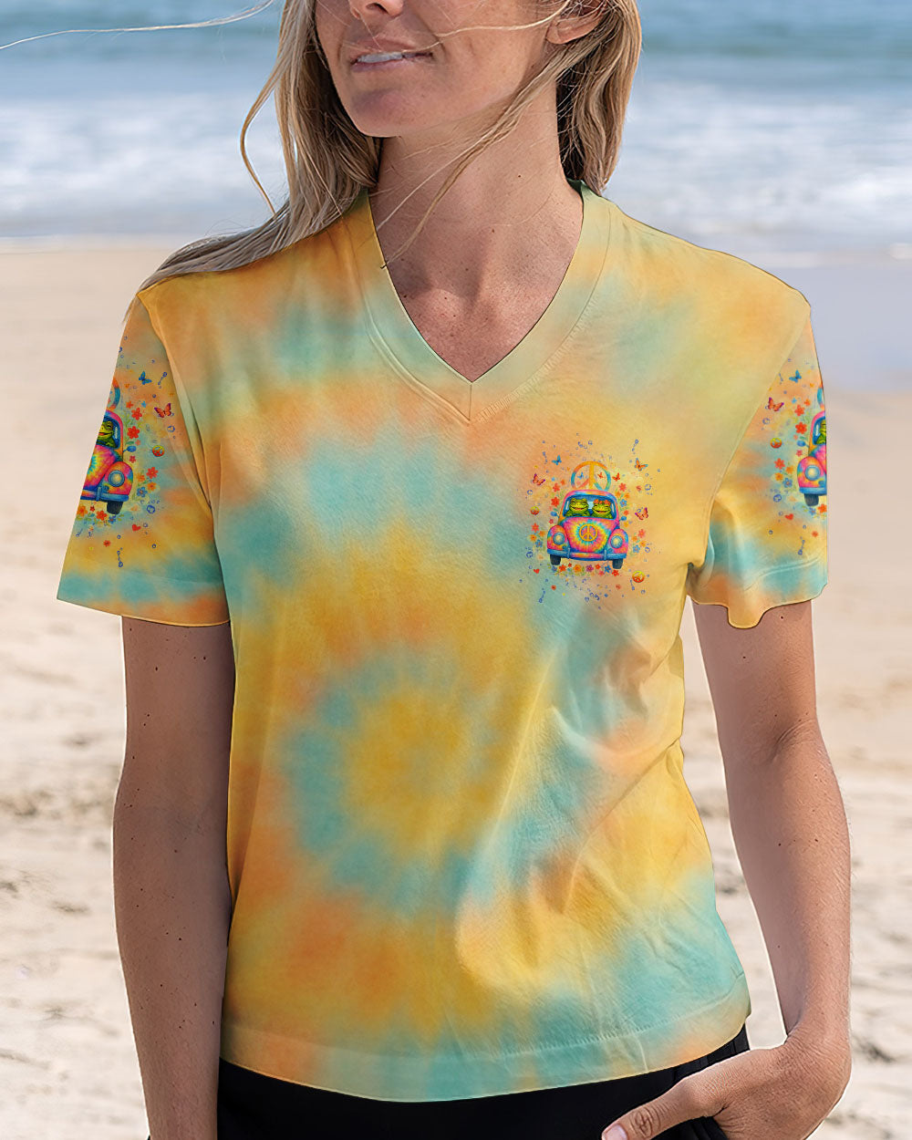 Let the Good Vibes Roll Frog VW Bus Peaceful Tie Dye Graphic Tee for Women AOP Shirts _4_ EuDLn