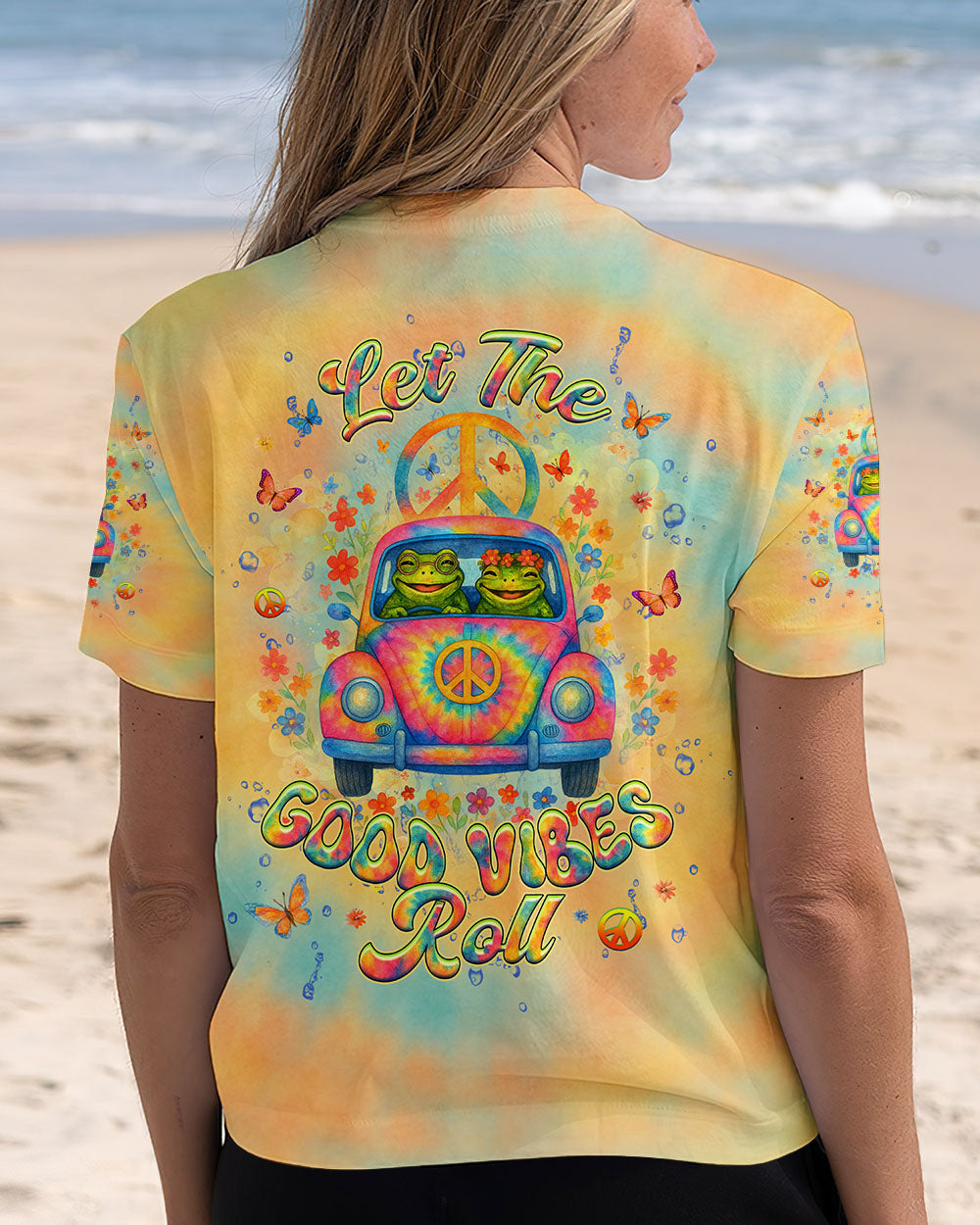 Let the Good Vibes Roll Frog VW Bus Peaceful Tie Dye Graphic Tee for Women AOP Shirts _5_ fVskn