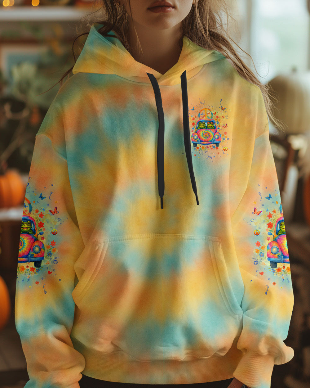 Let the Good Vibes Roll Frog VW Bus Peaceful Tie Dye Graphic Tee for Women AOP Shirts _6_ HMpFu