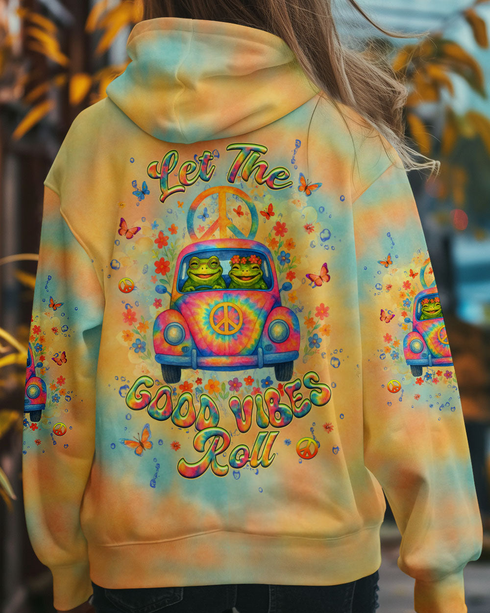 Let the Good Vibes Roll Frog VW Bus Peaceful Tie Dye Graphic Tee for Women AOP Shirts _7_ Hnfje