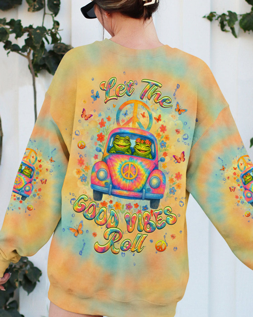 Let the Good Vibes Roll Frog VW Bus Peaceful Tie Dye Graphic Tee for Women AOP Shirts _9_ LrQHo